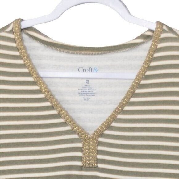 Croft & Barrow Womens Size XL Striped V-Neck Knit Top Short Sleeve Beige & White - Picture 4 of 5